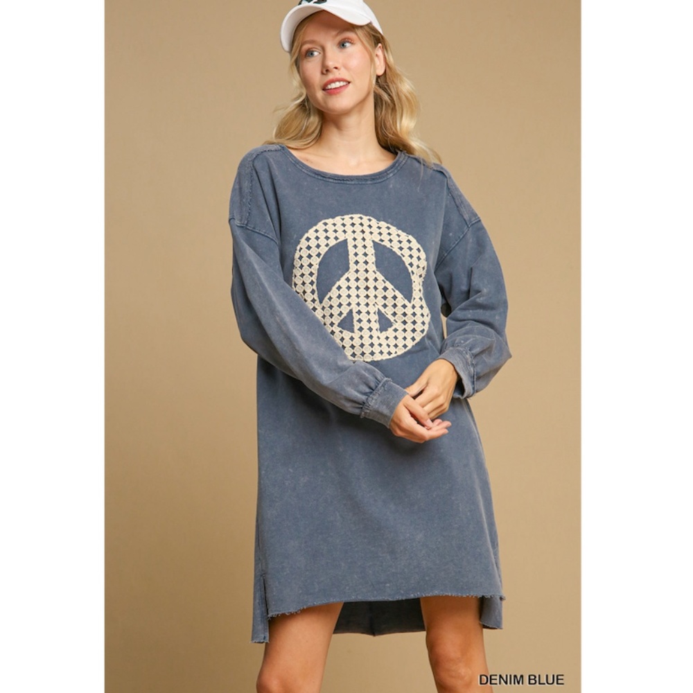 🌹 “The Dara" Denim Blue Dress Peace Lace Applique French Terry